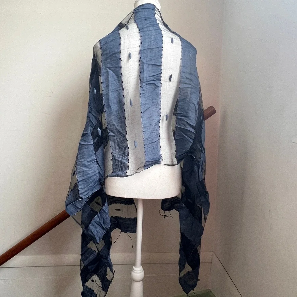 Silk Boiled Wool Sheer‎ Scarf Blue Textured Lightweight Summer Wrap Shawl Artsy